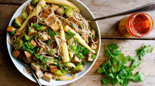 Baked Tofu & Brussels Sprout Soba With A Miso Lime Dressing
