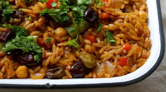 Chickpea, Olive & Orzo Paella with Scarlett Runner Beans
