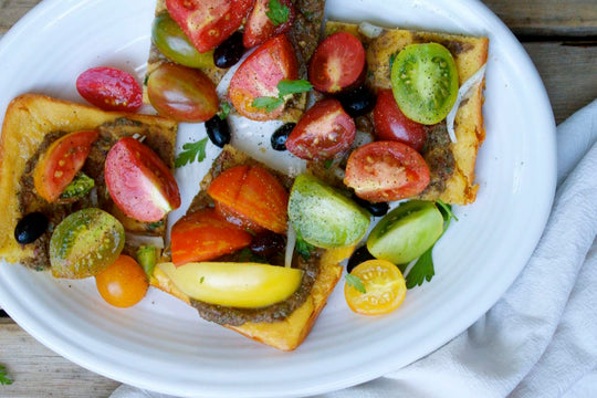 Heirloom Tomato & Onion Tartine on Chickpea Flatbread