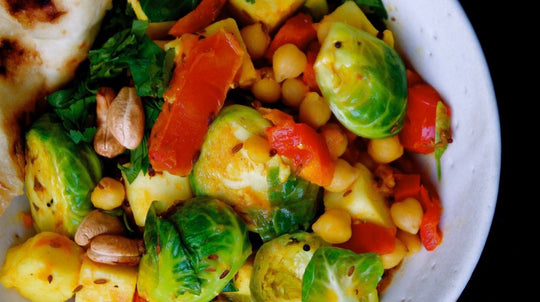 Sautéed Brussels Sprouts, Paneer + Chickpea Curry