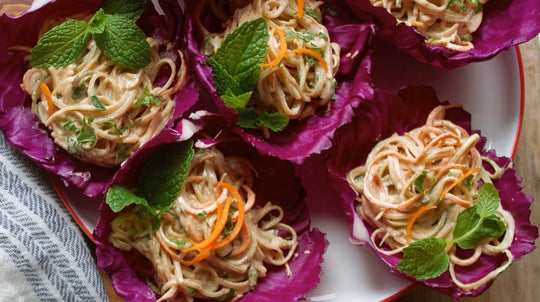 Cabbage Bowls with Raw Veggie Noodles & Almond Ginger Sauce